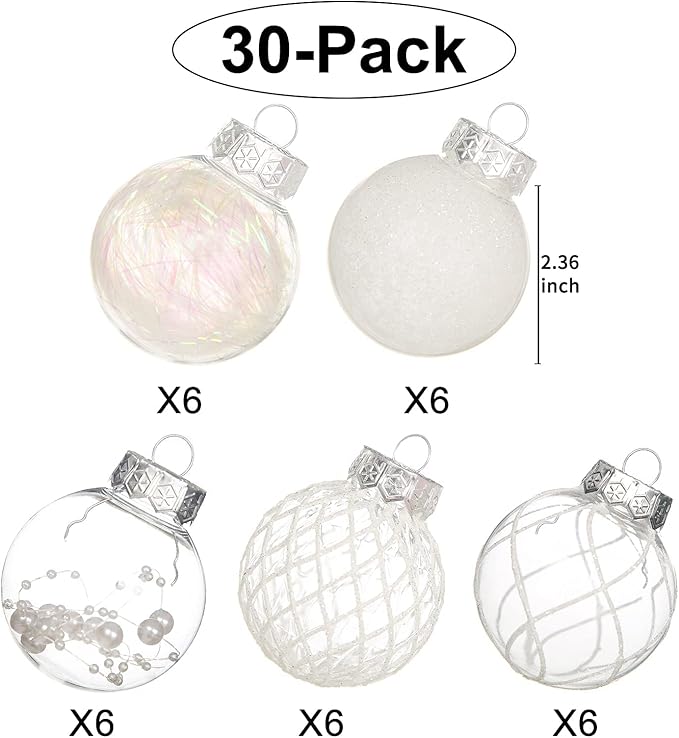Clear Christmas Ball Ornaments, 30ct 2.36 Inch White Christmas Ornaments Balls for Christmas Tree with Delicate Stuff Shatterproof Hanging Xmas Tree Baubles Decorations for Wedding Christmas