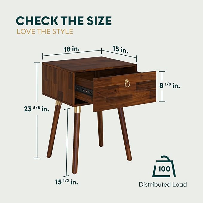 Bme Alden Solid Wood Bedside Table End Table with 1 Drawer for Mid Century Bedroom and Living Room, Dark Chocolate