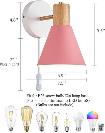 Plug in Wall Sconces Lighting Fixture Pack of 2, Wooden Adjustable Pink Bedside Wall lamp for Industrial Bedroom, Bathroom Sink Lighting (Plug-in Pink)