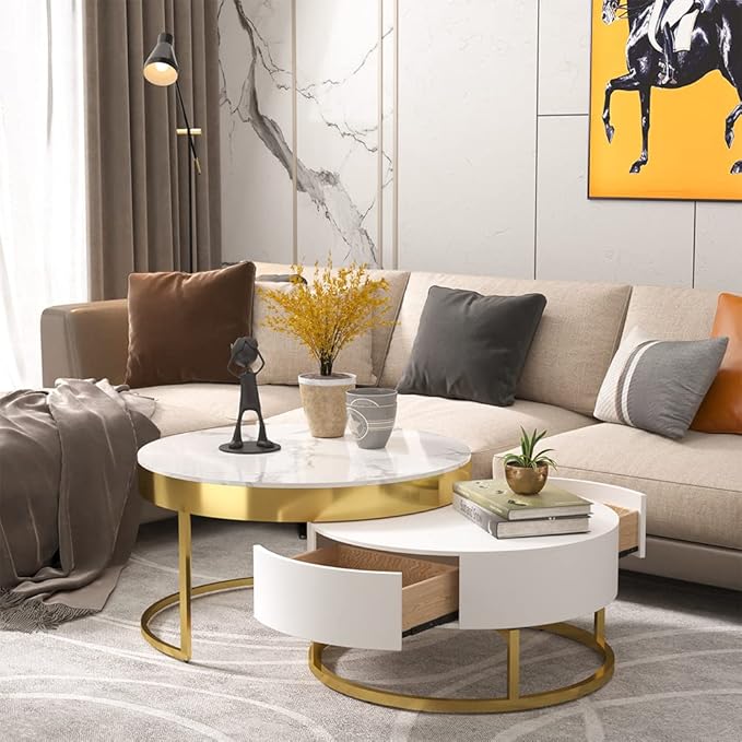 homary Round Lift-Top Coffee Table with Storage, White Faux Marble Nesting Coffee Tables with Rotatable Drawers for Living Room