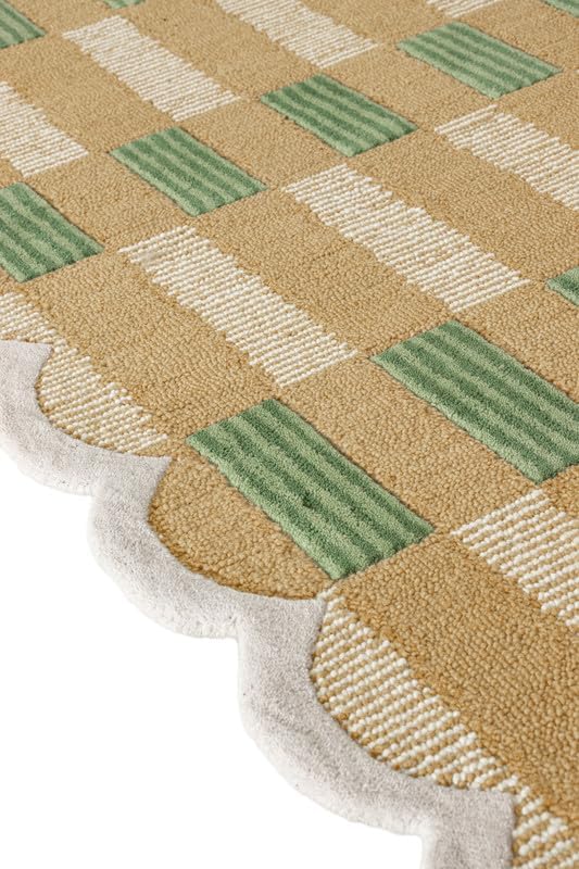 Hand-Tufted Wool Area Rug with Scalloped Edges, Beige and Green Plaid Pattern, Cozy and Soft Accent Rug for Living Room, Bedroom, and Nursery, Handmade Decorative Rug, 1x1 Ft (Sample)
