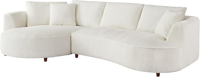 WILLIAMSPACE 122" Modern Curved Sofa Couch, Upholstery Oversized Cloud Sofa with Chaise & Pillows, Left Hand Facing Sectional Couch for Living Room (Left-Facing,White Corduroy)