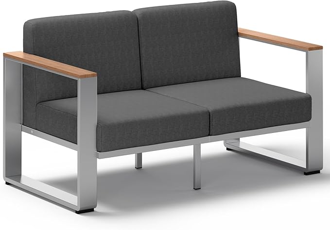 Aluminum Outdoor Patio Furniture, 1 Piece Loveseat, All-Weather Outside Chair for Deck, Porch (Teak-Charcoal)