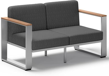 Aluminum Outdoor Patio Furniture, 1 Piece Loveseat, All-Weather Outside Chair for Deck, Porch (Teak-Charcoal)