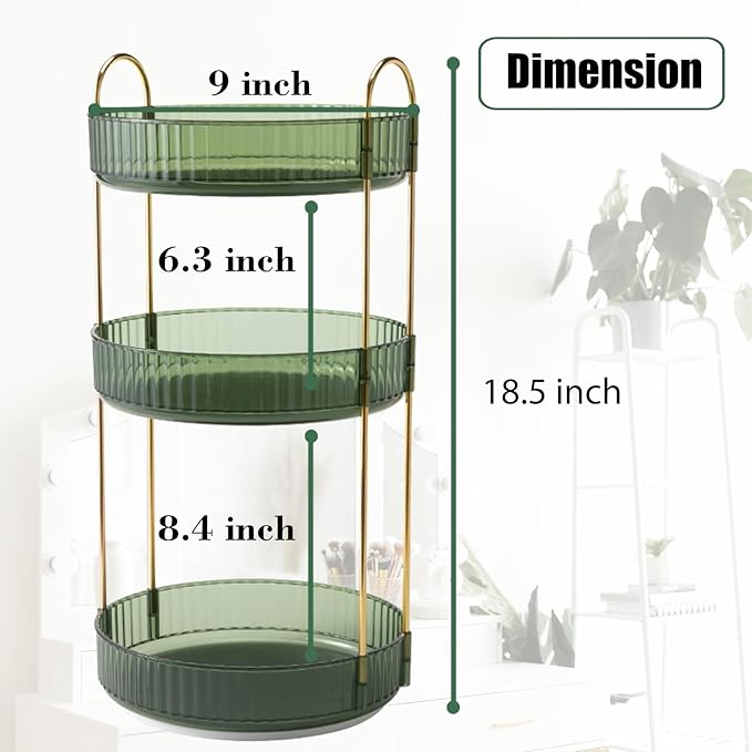Rotating Makeup Organizer Countertop 3 Tier Lazy Susan Clear Skincare Perfume Storage for Bathroom Counter Vanity, Green Gold