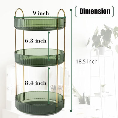 Rotating Makeup Organizer Countertop 3 Tier Lazy Susan Clear Skincare Perfume Storage for Bathroom Counter Vanity, Green Gold