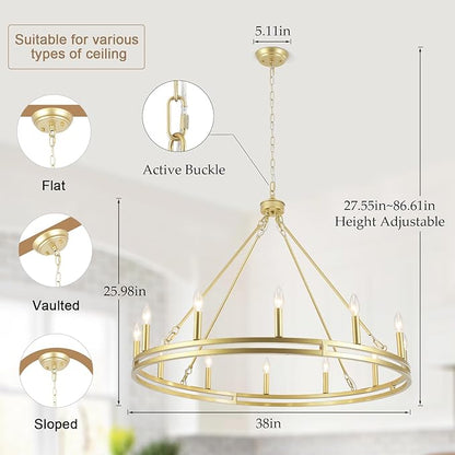 12-Light Wagon Wheel Chandelier 38 inch Large Gold Chandeliers for High Ceilings Round Farmhouse Gold Light Fixtures Over Table Rustic Hanging Light for Dining Room,Foyer,Living Room,Outdoor