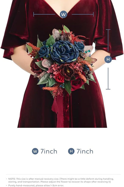 Ling's moment Artificial Flowers Burgundy and Navy Bridesmaid Bouquet, Wedding Flowers Bouquets for Bridesmaids, 7 Inch Bridal Bouquets for Bridesmaids, Wedding Decor, Anniversary, etc