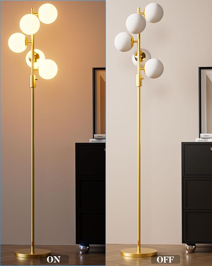 Dimmable Gold Floor Lamp, 64IN Tall Standing Lamps with 5 Globe Soft Warm White Eye Care 3000K G9 Bulbs, Mid Century Modern Floor Lamp for Living Room Bedroom Office