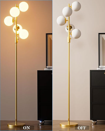 Dimmable Gold Floor Lamp, 64IN Tall Standing Lamps with 5 Globe Soft Warm White Eye Care 3000K G9 Bulbs, Mid Century Modern Floor Lamp for Living Room Bedroom Office