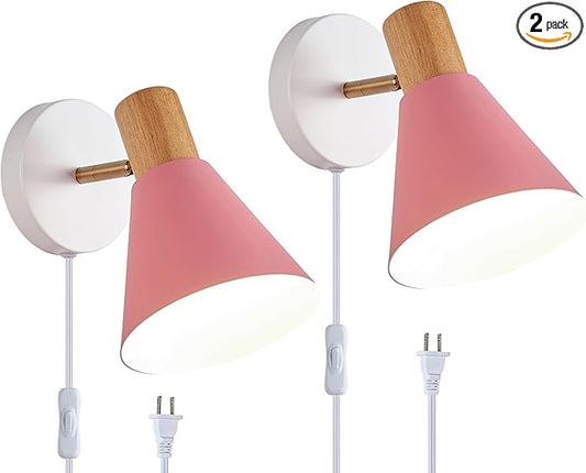 Plug in Wall Sconces Lighting Fixture Pack of 2, Wooden Adjustable Pink Bedside Wall lamp for Industrial Bedroom, Bathroom Sink Lighting (Plug-in Pink)