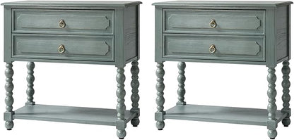 HULALA HOME Farmhouse Storage End Table Set of 2 with 2 Drawers and Open Shelf, Solid Wood Side Table with Spindle Legs, Nightstand with Charging Station (Blue)