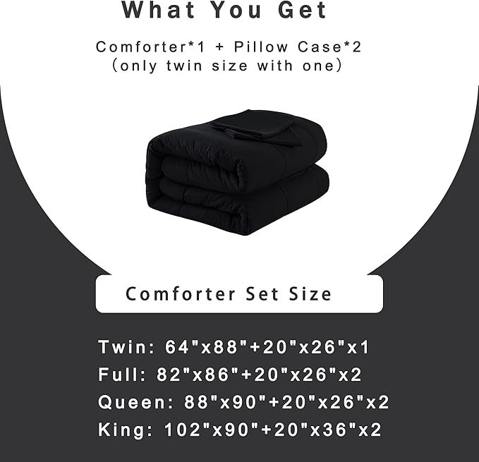 DOWNCOOL Twin Comforter Set -All Season Bedding Comforters Sets with 1 Pillow Case -2 Pieces Bed Set Down Alternative Comforter Set -Black Twin Bedding Sets(64"x88")