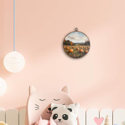 Hxlac Vintage Pumpkin Field Pumpkin Round Wall Art Framed, Vintage Autumn Pumpkin Round Wall Decor, Cottage Fall Halloween Hanging Canvas Prints Wall Sculptures for Home Room Decor, 10x10 Inch