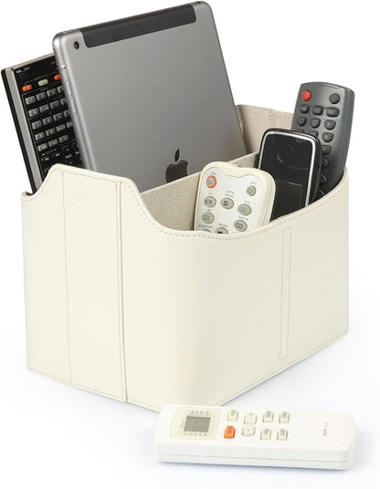 Londo PU Leather Remote Control Holder, Office Supplies Desk Organizer with Tablet Slot, Makeup Brush and Utensils Cube, Large Capacity Desk Caddy With 5 Compartments