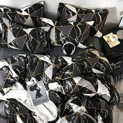 CLOTHKNOW Black White Marble King Size Comforter Set Triangle Plaid Bedding Comforter Set All Season Geometric Comforter with 2 Pillowcases