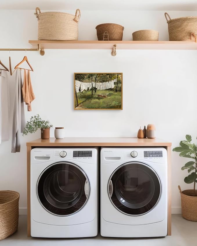 KBKBART Framed Canvas Wall Art Home Decor, Vintage Laundry Room Art Prints Wall Decor, Farmhouse Decor Canvas Oil Painting, Antique Country Landscape Wall Art Prints for Beroom Living Room Bathroom (12"x16")