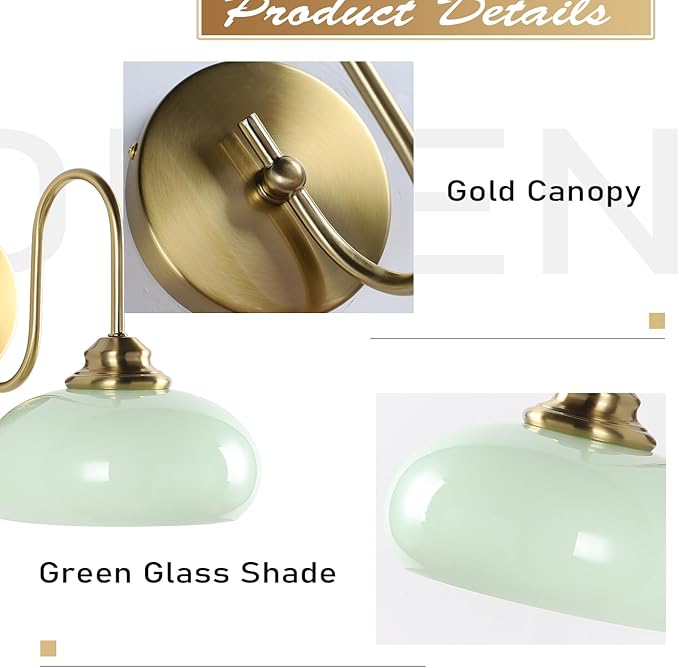 KCO Lighting Vintage Green Wall Sconces Light Set of Two Gold Globe Wall Sconce Mid Century Modern Bathroom Vanity Light Fixture Brass Indoor Wall Sconce Light Fixture (2 Pack)