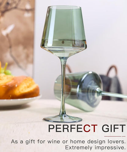 Green Wine Glasses Set of 6-18oz Colored Square Wine Glasses with Tall Long Stems and Flat Bottom,Crystal Colorful Wine Glass-Unique Gifts for Wine Lovers,Wedding,Engagement Gifts (Light Blue Sea)