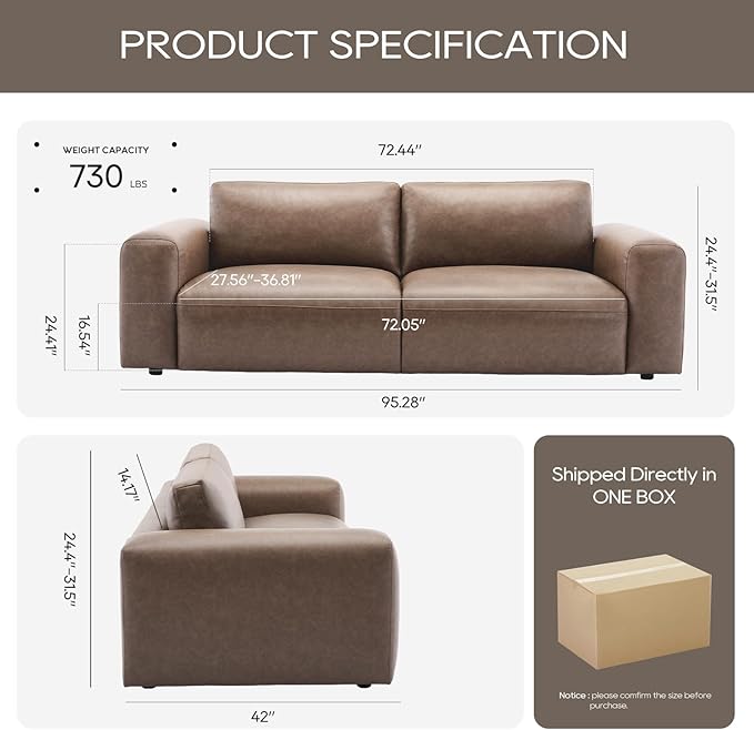 COLAMY 95" Oversized PU Leather Sofa, Comfy Sofa Couch with Extra Deep Seats, Wide Arm, Down Filled 3-Seater Modern Sofa for Living Room, Apartment Lounge-WolfGrey