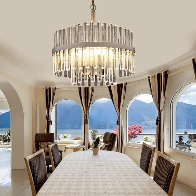 Q&S Modern Crystal Chandeliers for Dining Room,Round Glass Chandelier 4-Lights for Living Room Kitchen Island Entryway Foyer Stairway UL Listed