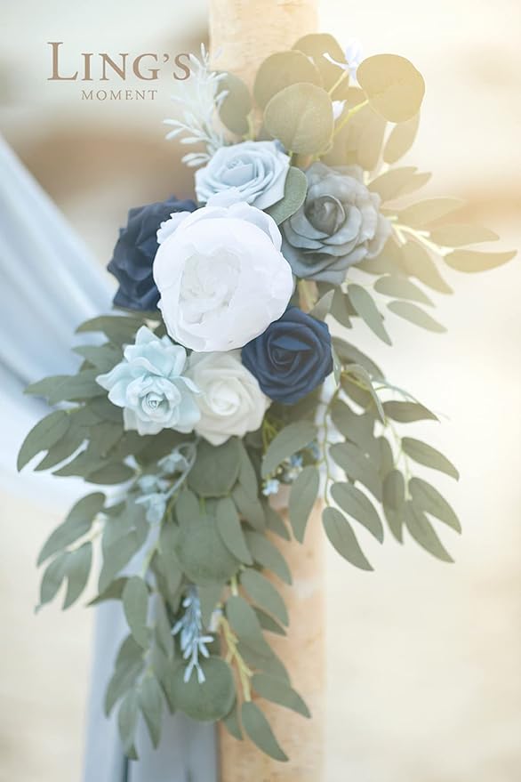Ling's Moment Dusty Blue Artificial Wedding Arch Flowers Kit Pack of 4, 2pcs Hanging Flower Arrangement 2pcs Chiffon Drape Ceremony Spring Fake Silk Rose Arbor Backdrop Floral Swag Outdoor Beach Decor