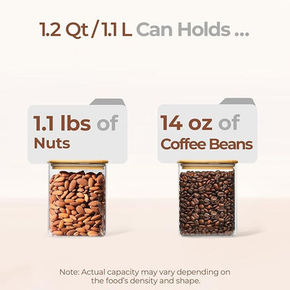 ComSaf 1.2 Qt Rectangle Glass Storage Containers with Lids, Glass Jars with Bamboo Lids, Clear Food Storage Jar, Sugar Coffee Containers, Pantry Container for Pasta Tea Candy Nut