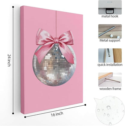 APJYM Pink Coquette Room Decor, Funky Y2K Disco Ball Preppy Wall Art, Preppy Room Decor, Trendy Retro Pink Aesthetic Posters Wall Decor for Teen Girls Bedroom Dorm Apartment Decor, 16x24 Inches Framed