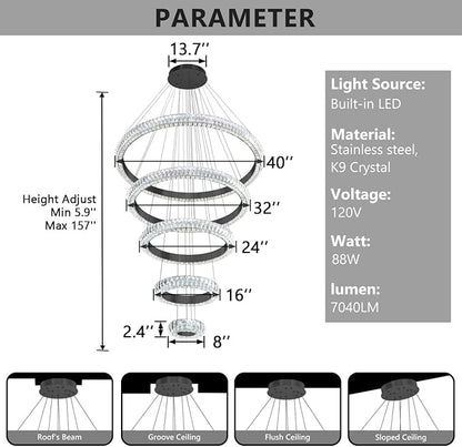 5 Ring Large Crystal Chandelier Modern LED Dimmable High Ceiling Chandelier Ring Contemporary Pendant Light Fixture for Living Room Foyer Staircase Gold D40''