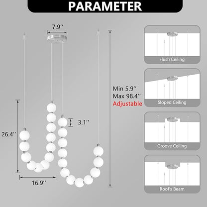 Modern Chandeliers LED Dimmable Light Acrylic Balls Ceiling Pendant Lighting for Dining Room Living Room Bedroom Adjustable Hanging Lights 45 Watts Silver Lamp