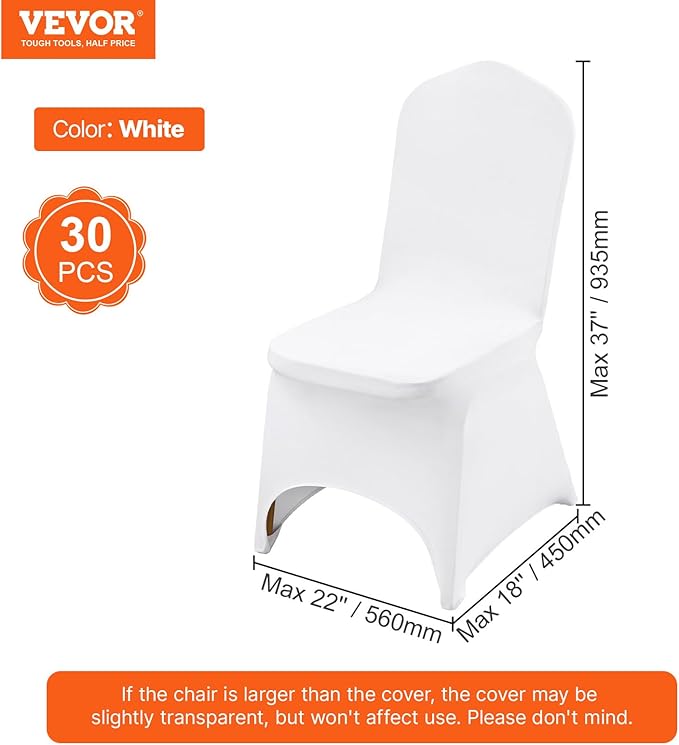 VEVOR 30 Pcs Flat-Front Chair Covers Polyester Spandex Chair Cover Stretch Slipcovers, Wedding, Holiday, Banquet, Party, Celebration, Dining,White