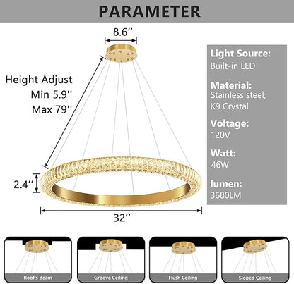 31.5" 1 Ring Crystal Chandelier Modern LED Dimmable Ring Pendant Light Chandelier for Dining Room Living Room Gold