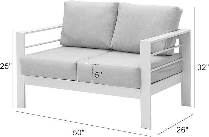 Wisteria Lane Patio Furniture Aluminum Loveseat, All-Weather Outdoor 2 Seats Outdoor Chair, White Metal Chair with Light Grey Cushions