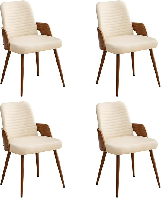 Dining Room Chairs Set of 4,Mid Century Modern Kitchen Chair,Upholstered Faux Leather Chairs,Metal Legs Wooden Desk Chair,Armless and No Wheels for Kitchen Dining,Beige PU