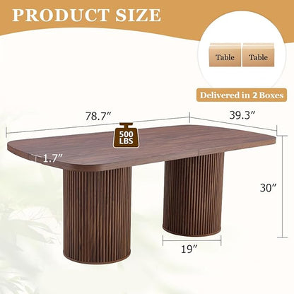 78.7" Extra Long Dining Table for 6-10 People, Farmhouse Kitchen Table with Cylindrical Fluted Bases, Rectangular Dining Table for Dining Room, Kitchen, Living Room, Walnut