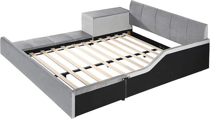 Merax Full Upholstered Grounded Bed Mother & Child, Gray Velvet