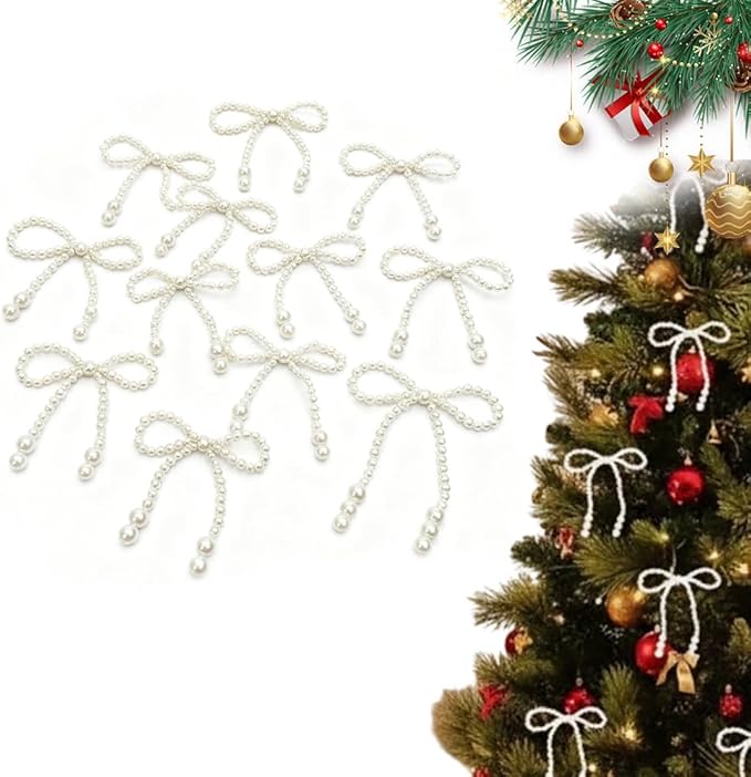 Christmas Bows Ornaments, Champagne Gold Glitter Rhinestone Bow Ornaments with Twist Ties, Sparkly Christmas Tree Bow Topper Decorations for Wreaths, Garland, Gift Wrapping (Silver)