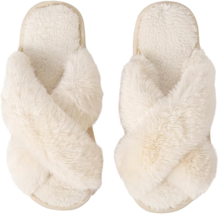 Women's Slipper Memory Foam Cross Band Fuzzy Slippers Open Toe Cozy House Slippers Cozy Plush Bedroom Indoor Outdoor
