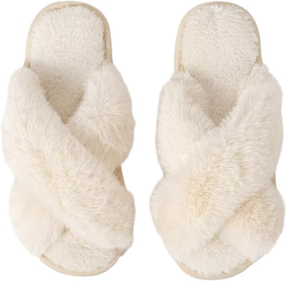 Women's Slipper Memory Foam Cross Band Fuzzy Slippers Open Toe Cozy House Slippers Cozy Plush Bedroom Indoor Outdoor