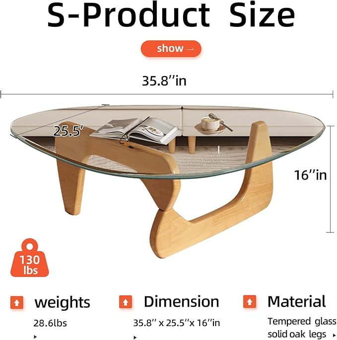 Mid Century Modern Glass Coffee Table, Small Coffee Table for Living Room, Elegant and Functional Coffee Tables, Suitable for Bedroom Living Room Reception Office Tables（Wood/Transparent，Medium）
