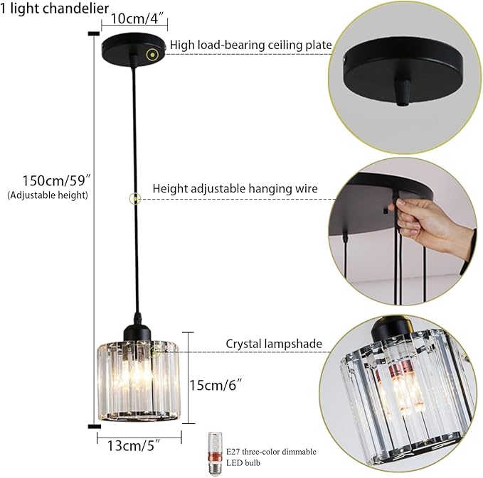 Crystal Pendant Lights Black 1 Light Cluster Ceiling,Modern Hanging Light Fixture for Kitchen Island,Adjustable Round Chandelier for Farmhouse,Dining Room,Foyer,Living Room with LED Bulb