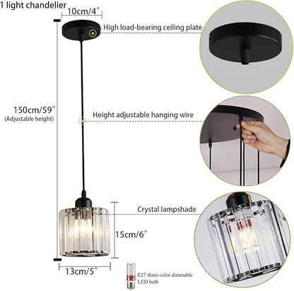 Crystal Pendant Lights Black 1 Light Cluster Ceiling,Modern Hanging Light Fixture for Kitchen Island,Adjustable Round Chandelier for Farmhouse,Dining Room,Foyer,Living Room with LED Bulb