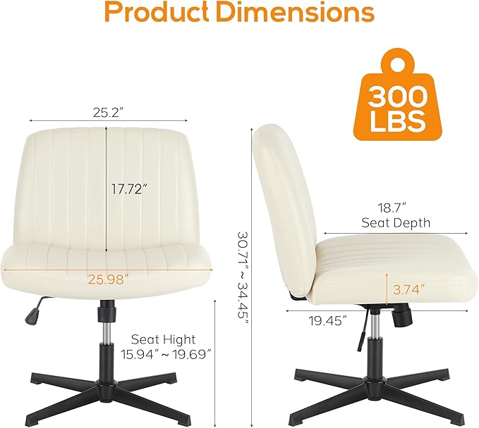 DUMOS Criss Cross Chair Legged Office Wide Comfy Desk Seat, No Wheels Armless Computer Task Seating, Swivel Vanity Home Height Adjustable