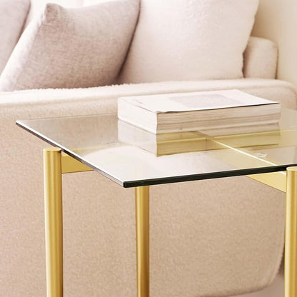 Glass End Table, Mid-Century Modern Design Sofa Table, for Living Room, 2-Tier Structure, Clear Glass Top and Walnut MDF Shelf, Sleek Conical Metal Legs with Gold Finish Frame