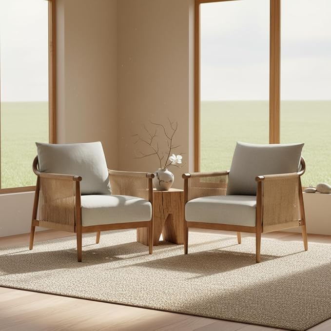 CHITA Braid Accent Chair Set of 2, Modern Armchair with Solid Wooden Armrest for Living Room and Bedroom, Boho Reading Chair, Light Grey