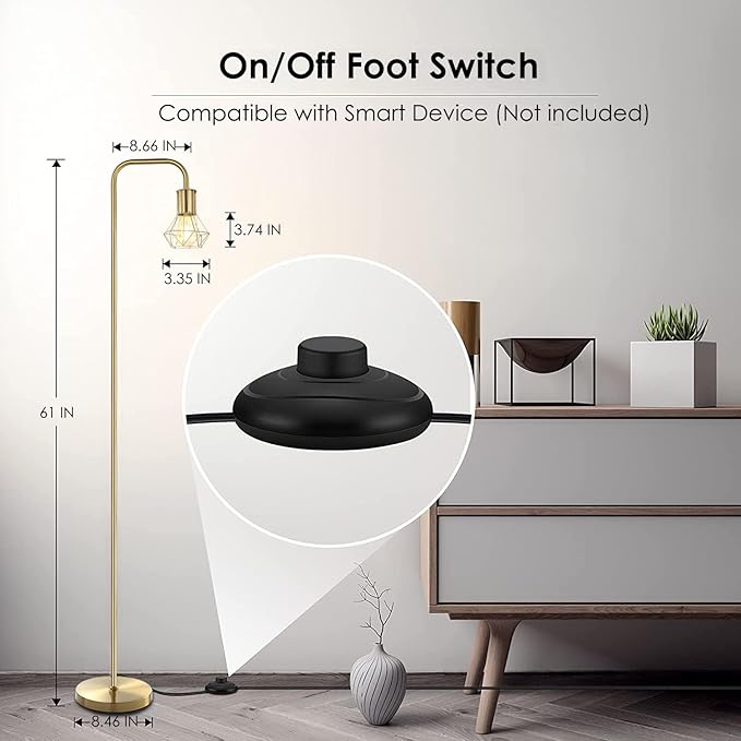 BoostArea Gold Floor Lamp, Industrial Floor Lamp, 6W Diamond Standing Lamp, E26 Socket, On/Off Footswitch, Whole Metal, Modern Small Simple Stand Up Lamp for Bedroom Living Room, Vintage, Mid Century