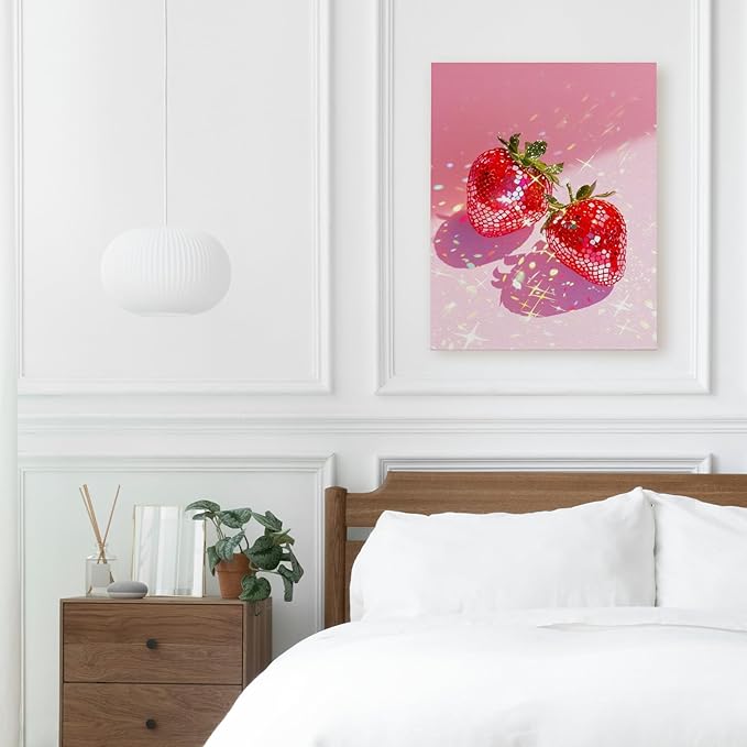 APJYM Funky Y2K Disco Ball Strawberry Wall Art, Trendy Retro 70s Preppy Pink Girly Strawberry Aesthetic Canvas Wall Art for Girls Room Bedroom Dorm Apartment Decor, 11x14 Inches Framed