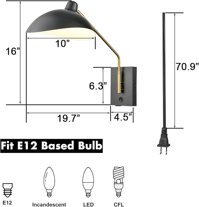 CLAXY Plug in Wall Sconce Swing Arm Wall Light Matte Black with USB Charge Port-Set of 2, Plug in or Hardwired Wall Mounted Lights for Bedroom Reading Room Living
