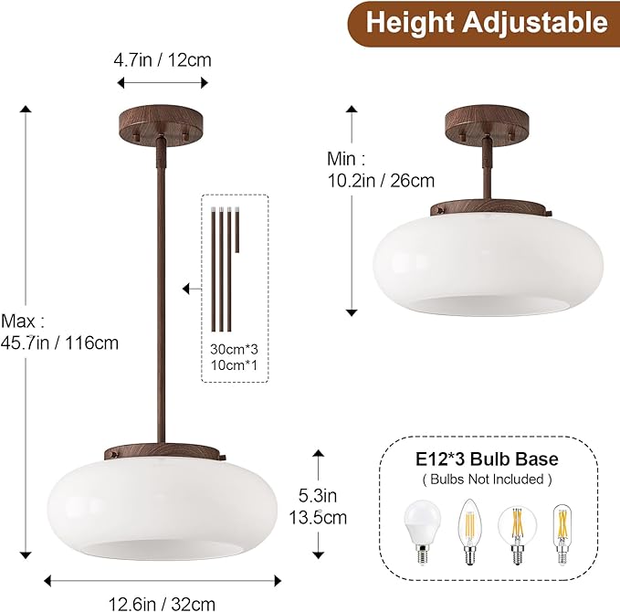 Mid-Century Modern Faux Walnut Wood Semi Flush Mount Ceiling Light, 3-Light Kitchen Light Fixtures with Glass Shade for Entryway Hallway Bathroom Bedroom (12.6 Inch)