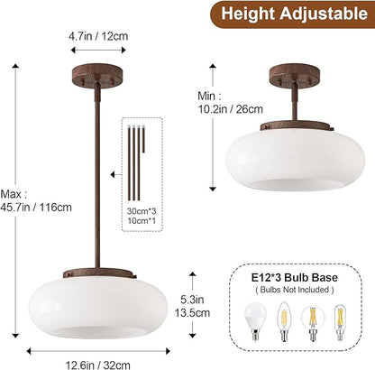 Mid-Century Modern Faux Walnut Wood Semi Flush Mount Ceiling Light, 3-Light Kitchen Light Fixtures with Glass Shade for Entryway Hallway Bathroom Bedroom (12.6 Inch)